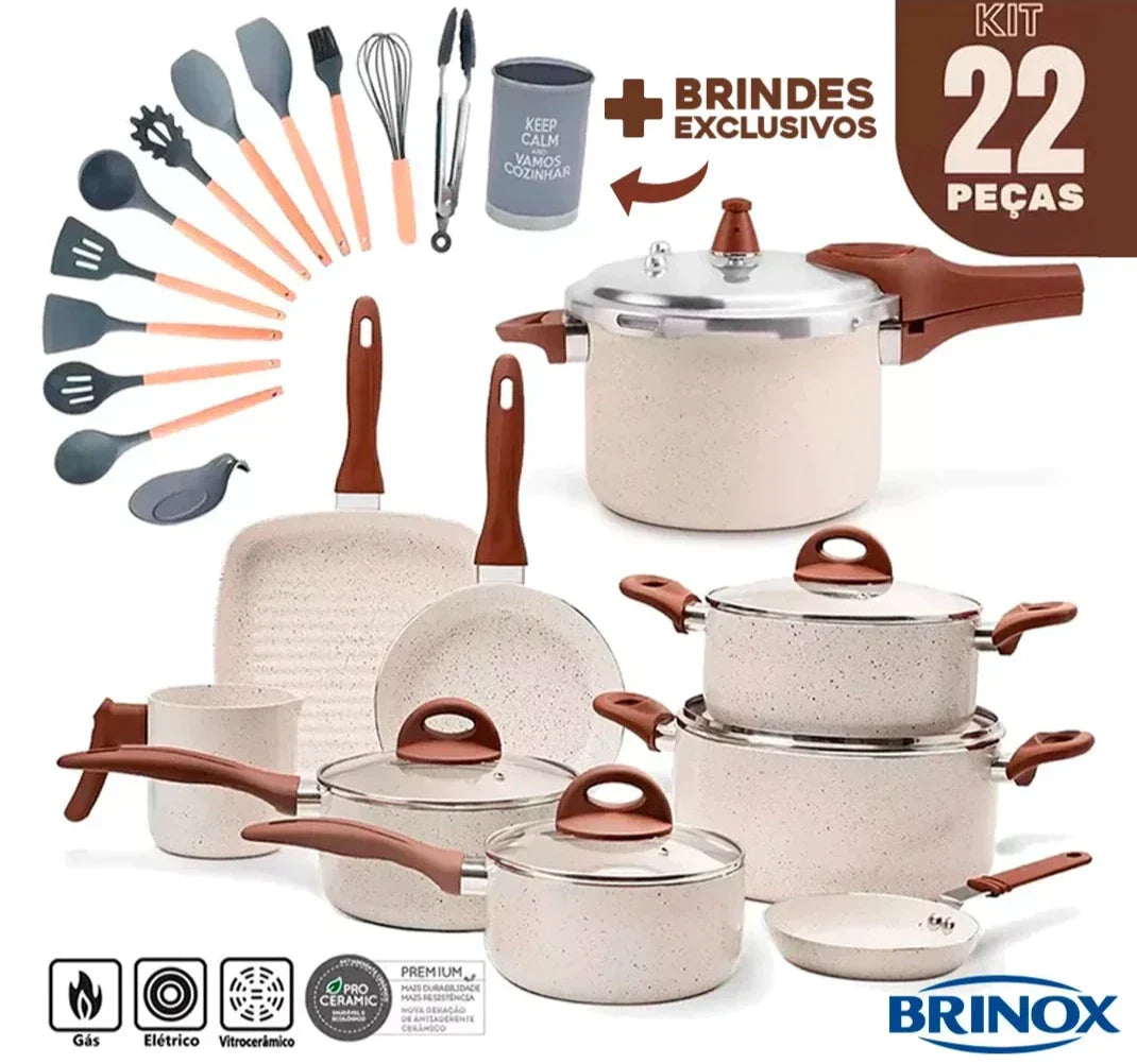 Jogo Completo 22 Panelas Ceramic Brinox® Life Smart Plus + 13 Utensílios de BRINDE [FRETE GRÁTIS]